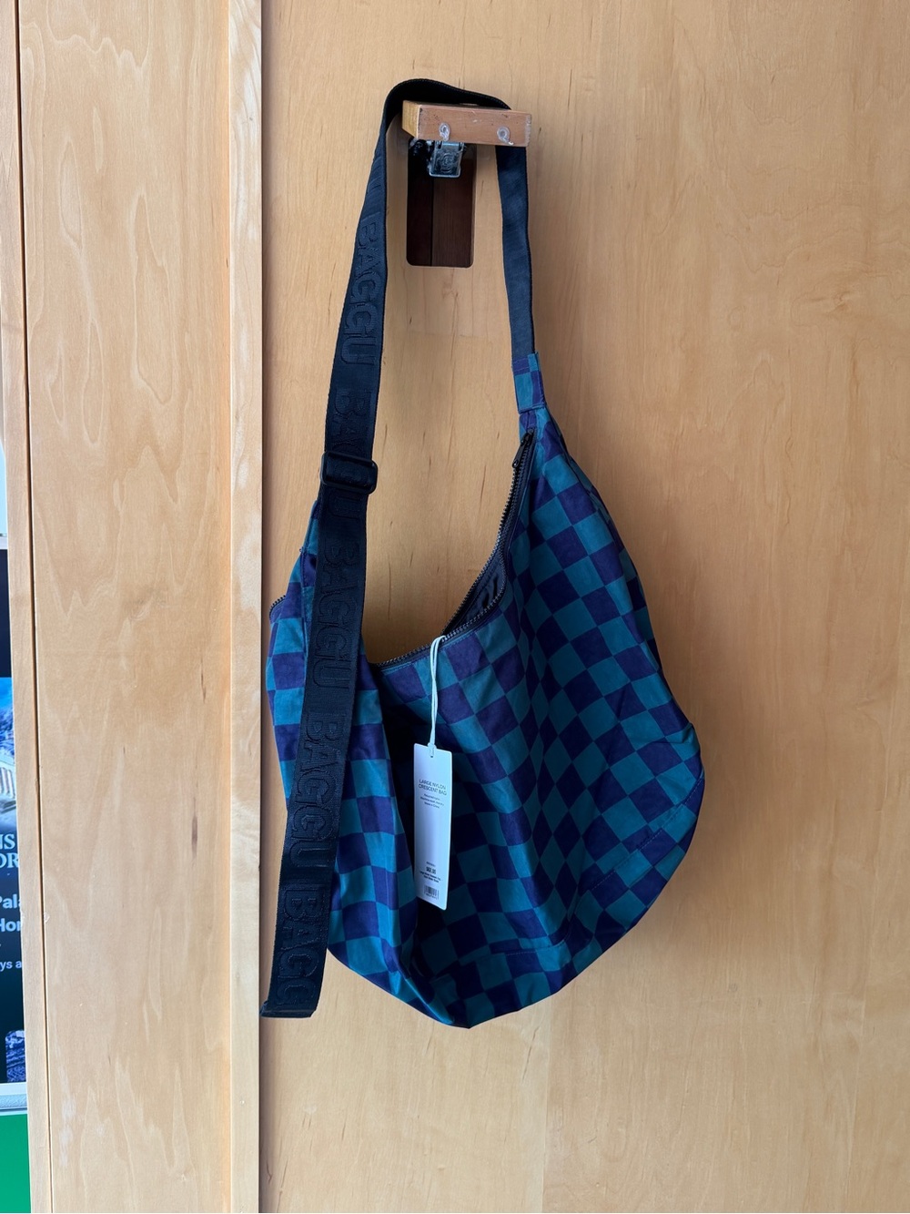 Baggu navy green checkered large crescent bag